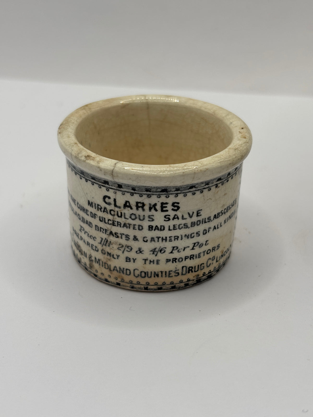 Old advertising ointment pot, clarkes miraculous salve ointment