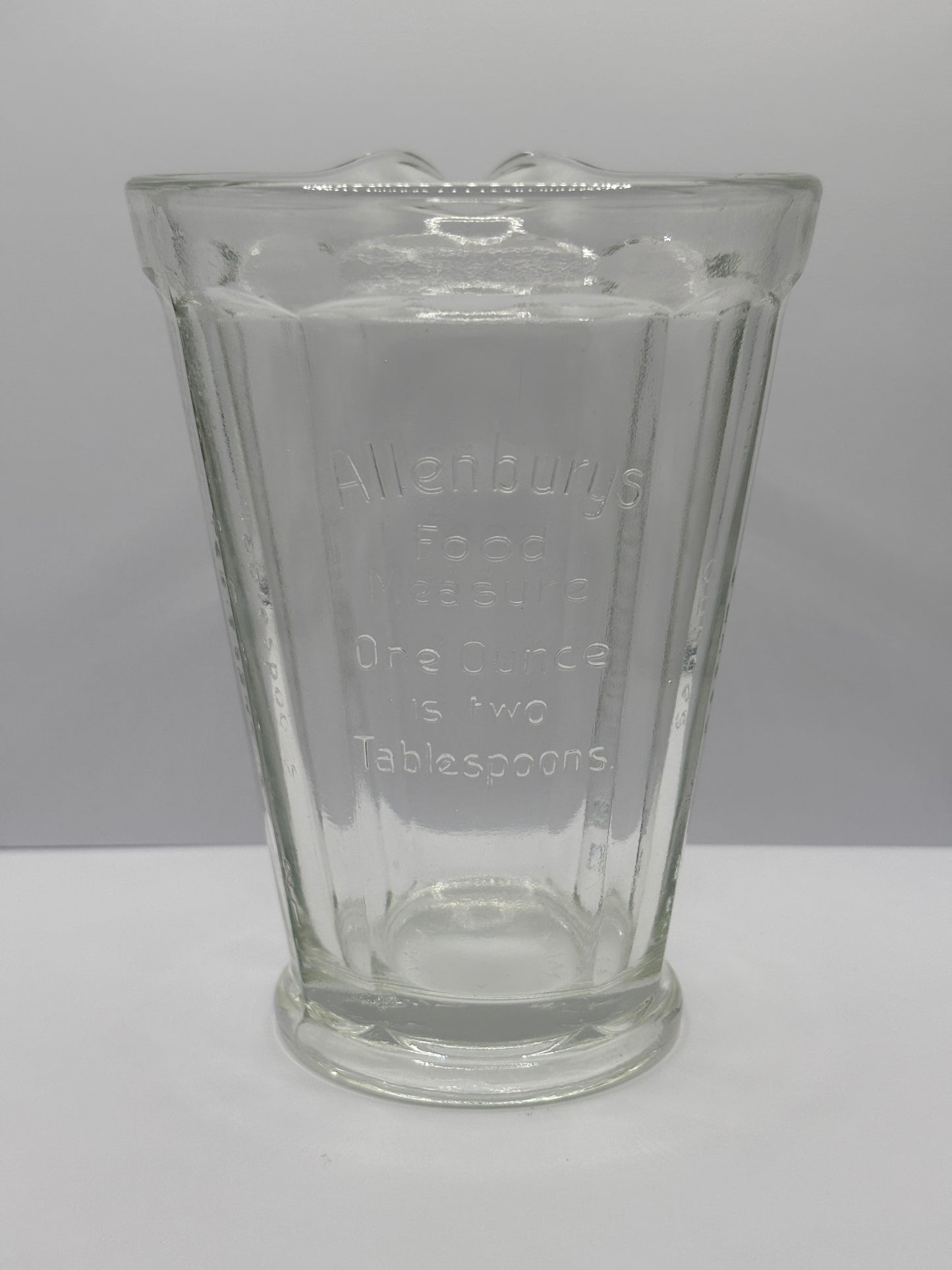 Old glass advertising food jug, Allenbys food measure
