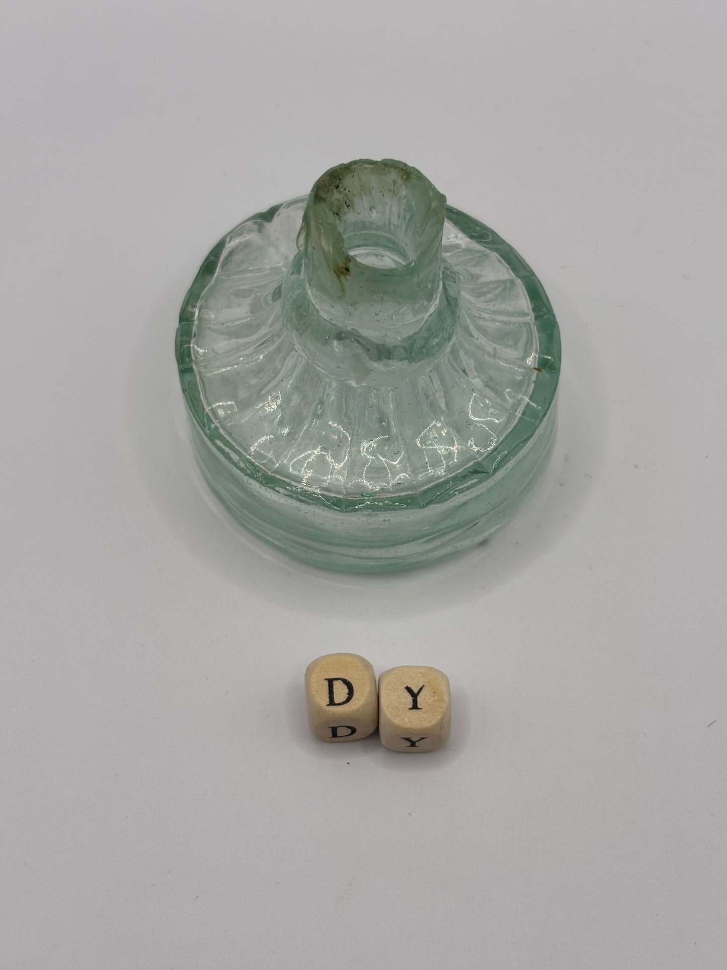 Old aqua glass tent ink, ink bottle. Inkwell (DY) diamond registration to base. Circus tent ink
