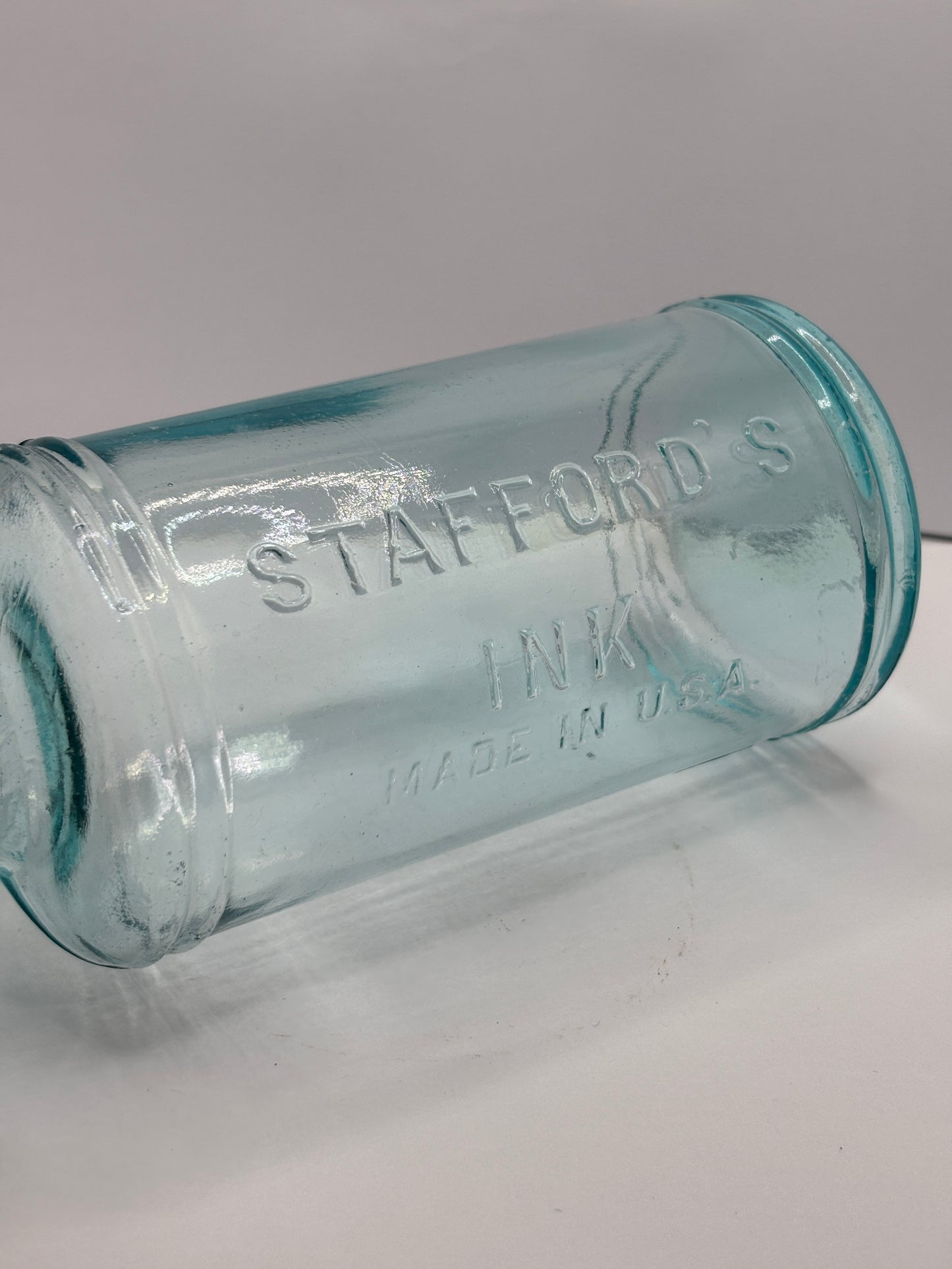 Old large aqua glass pouring ink bottle, Staffords ink