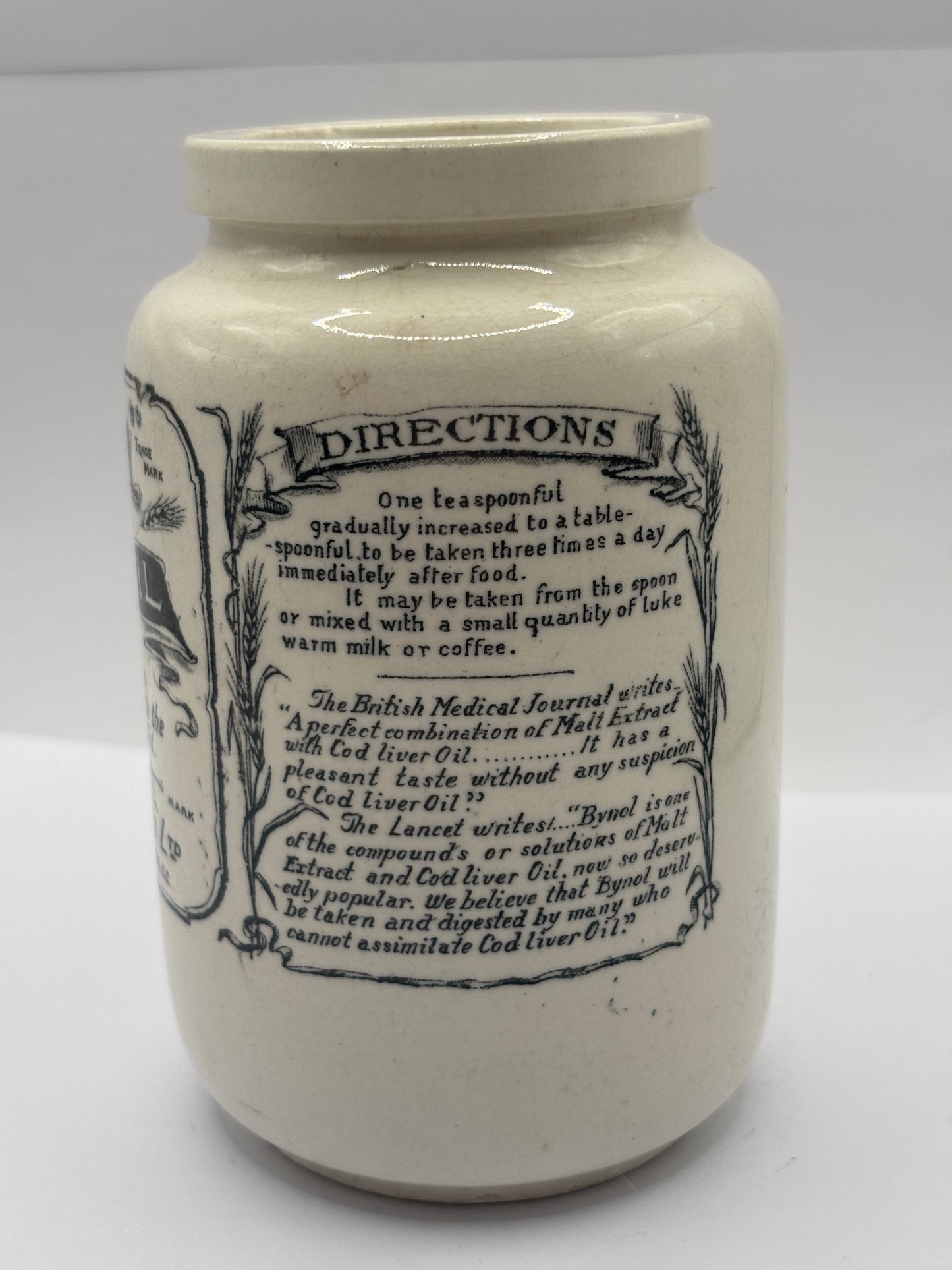 Old advertising jar, Bynol the perfected malt & oil