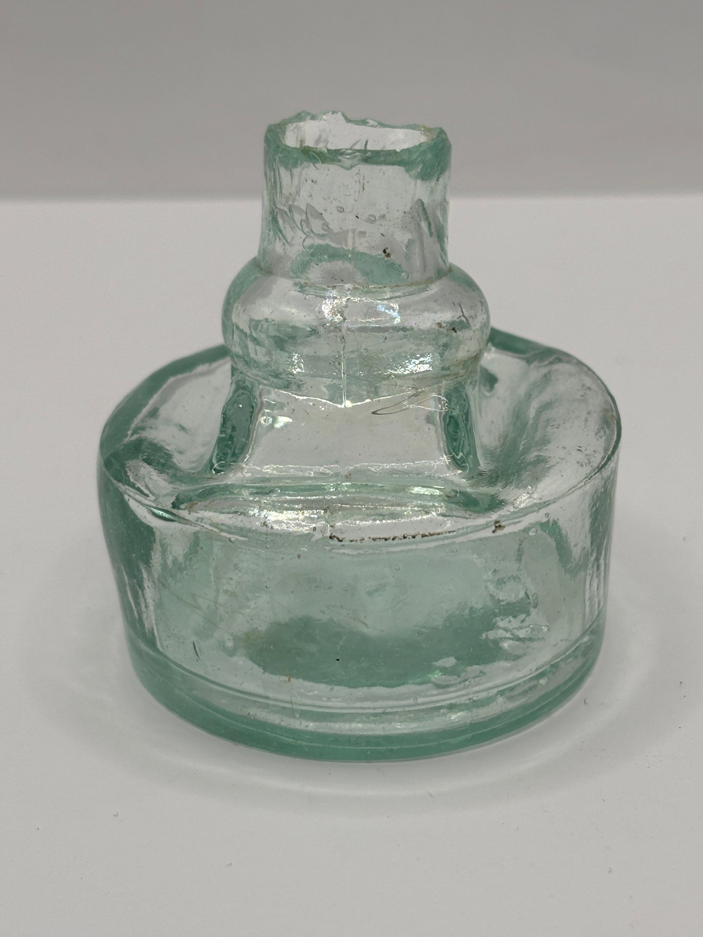 Old aqua glass inkwell, ink bottle, penny ink. TW & Co