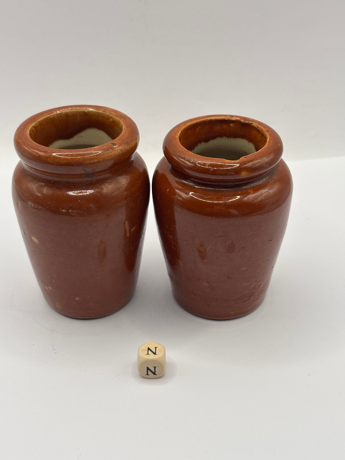 2 Old brown stoneware cream pots (N)