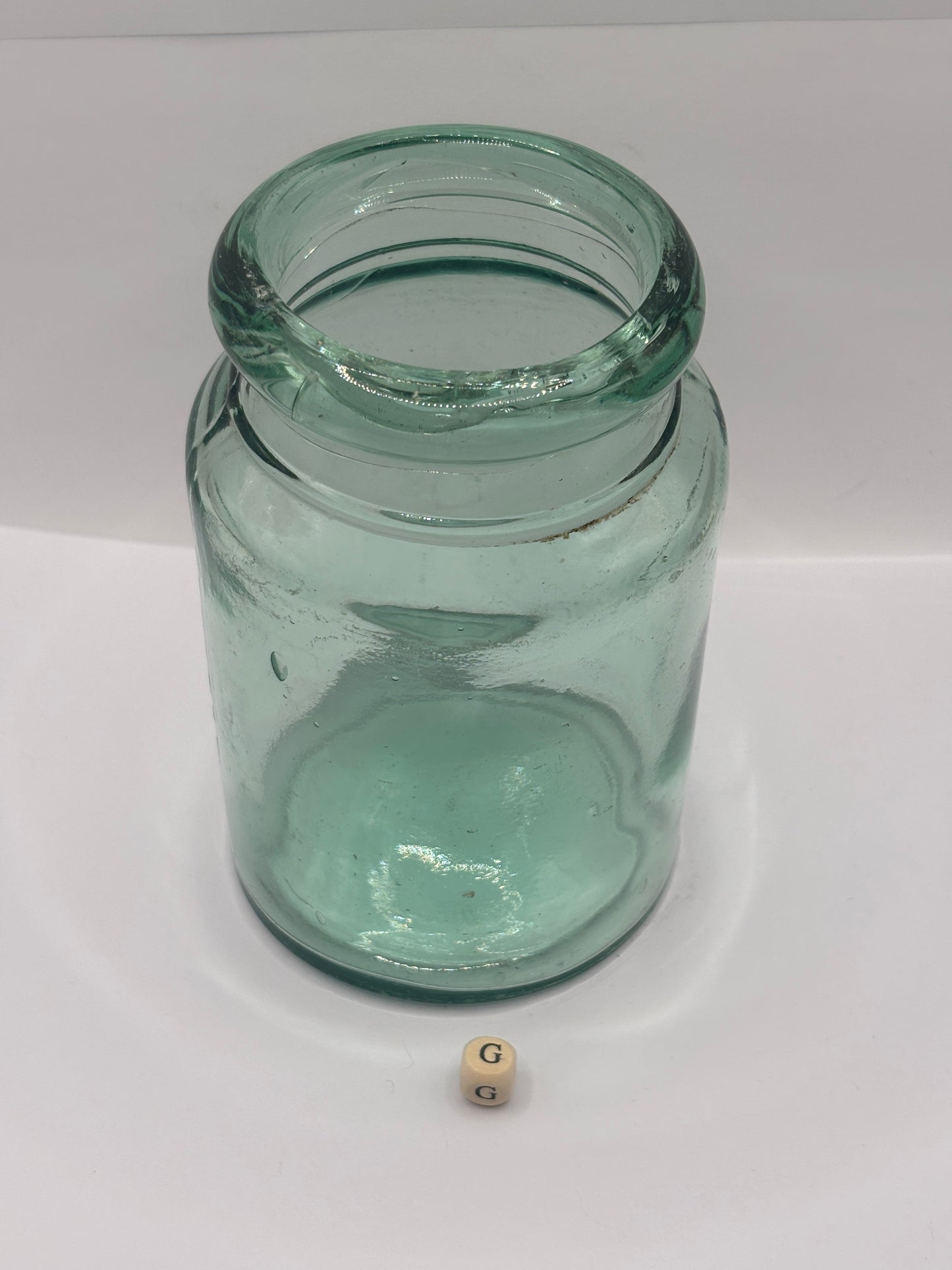 Old 2lb aqua glass pickle jar, rolled top (G)