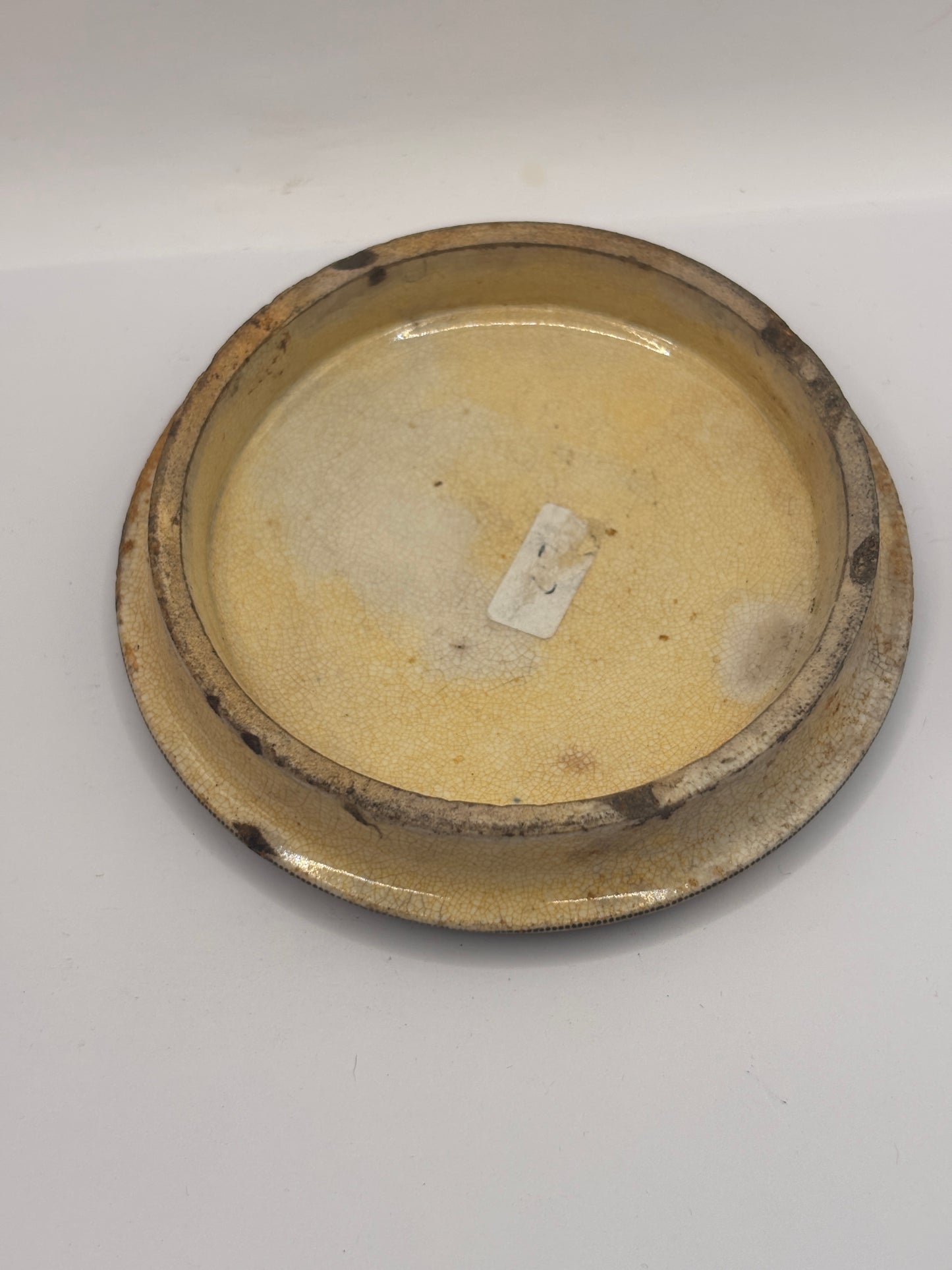 Old Prattware lid, victorian pot lid. the shrimpers Pratt lid. Chips