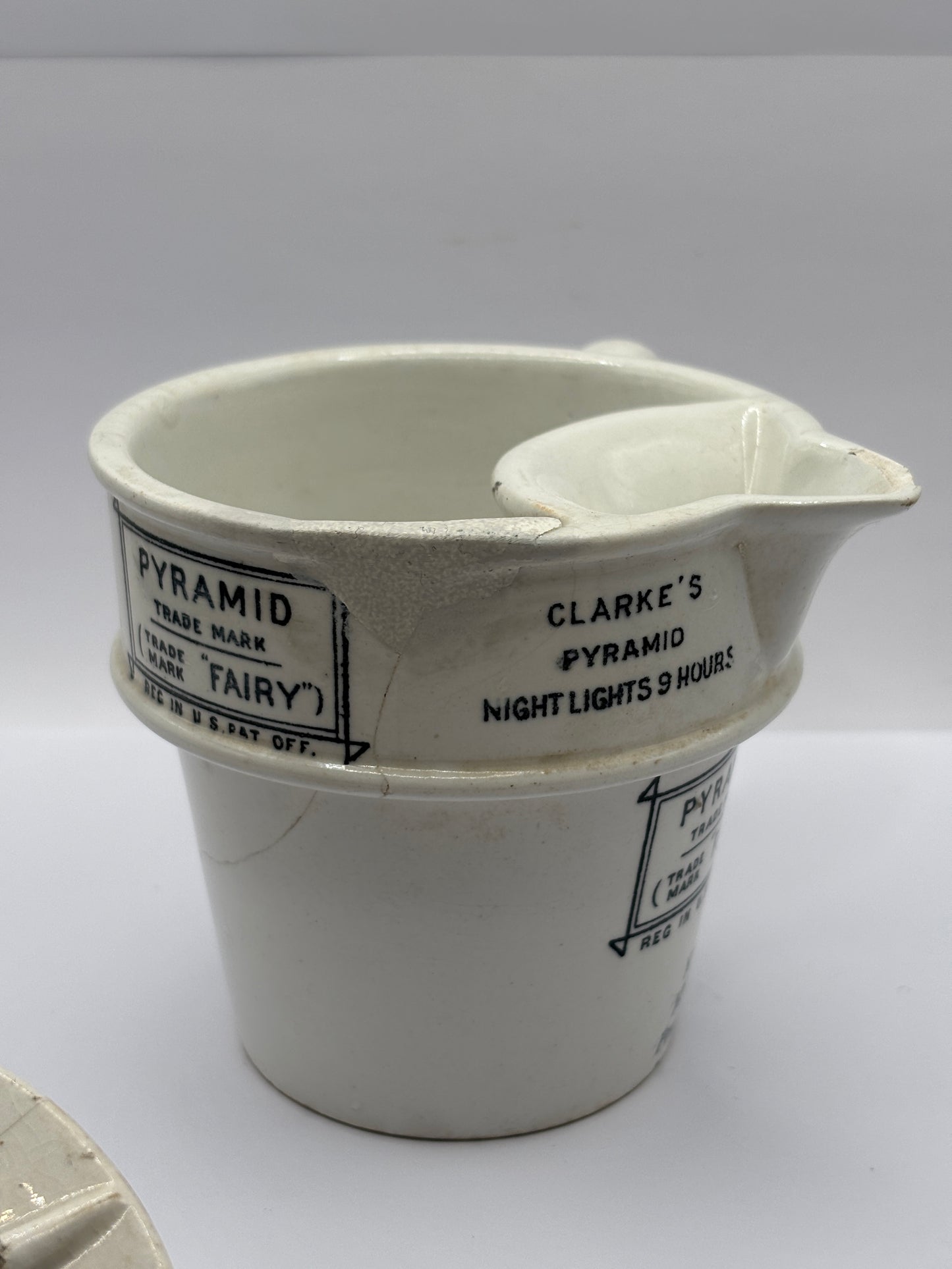 Old stoneware advertising food warmer. Clarkes Pyramid food warmer. Damaged/repaired