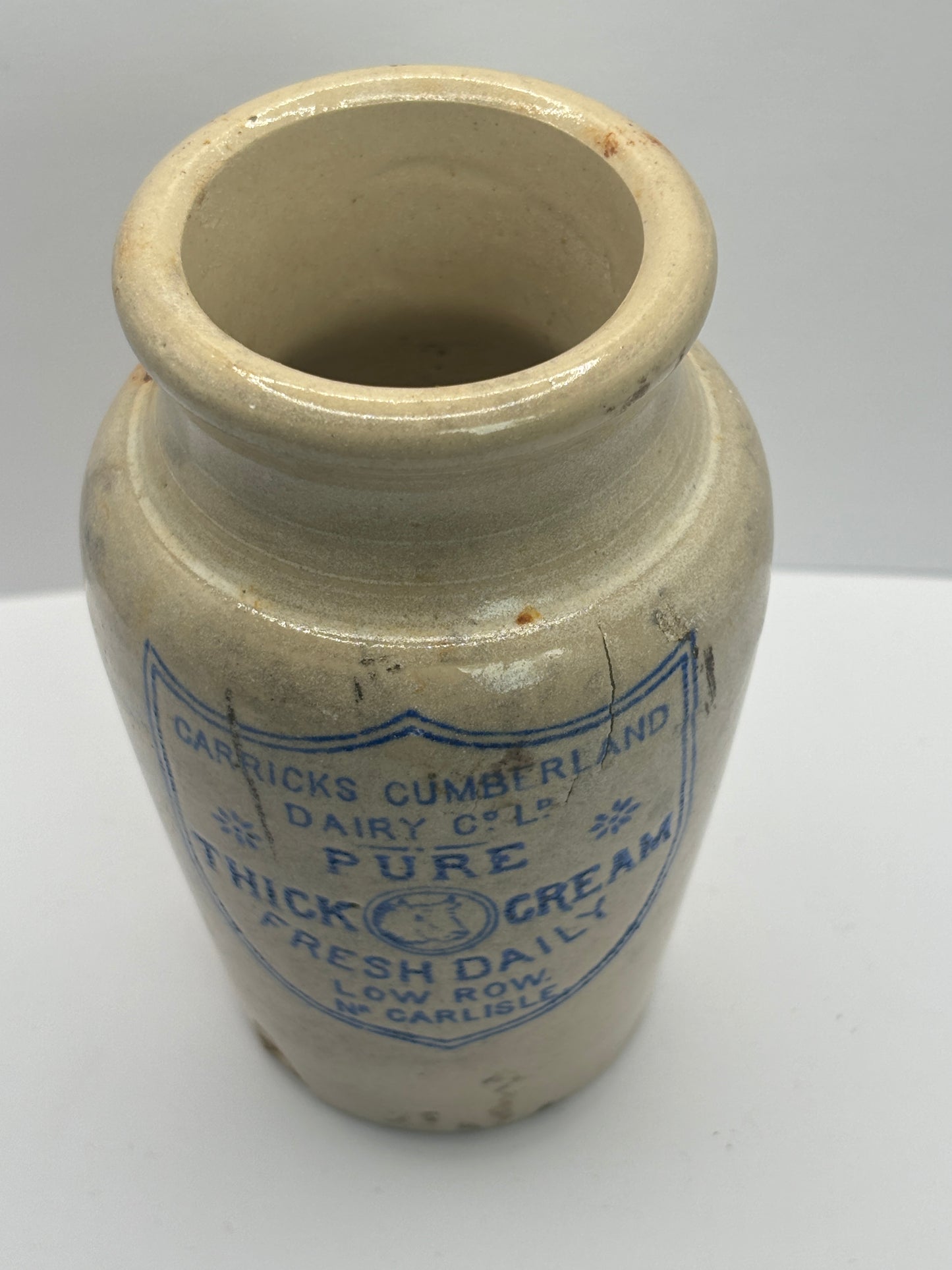 Carricks advertising cream pot, pure thick cream. Blue print