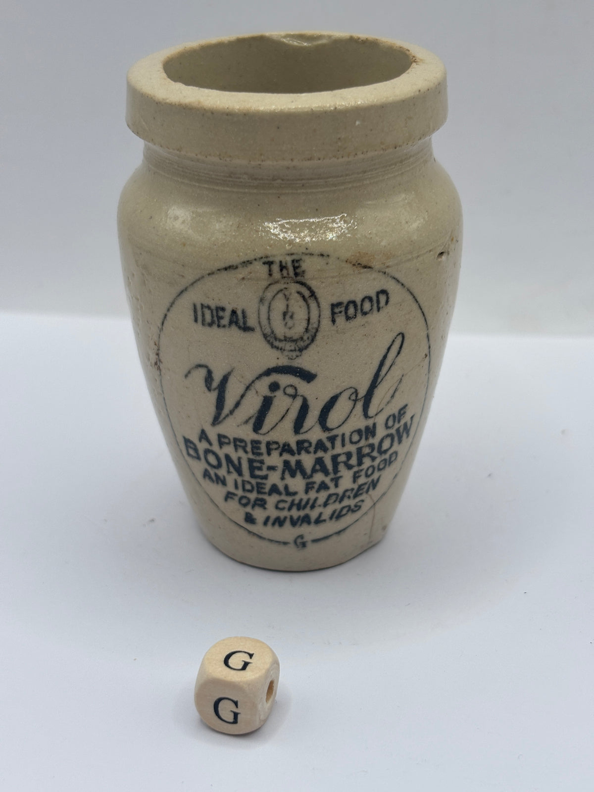 Old advertising stoneware Virol pot, 7.5cm (G)
