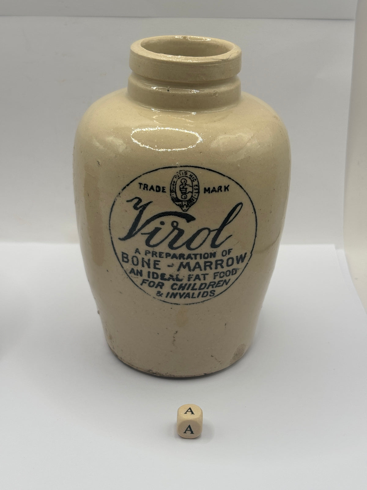 Old advertising stoneware Virol pot, 13.5cms (a)