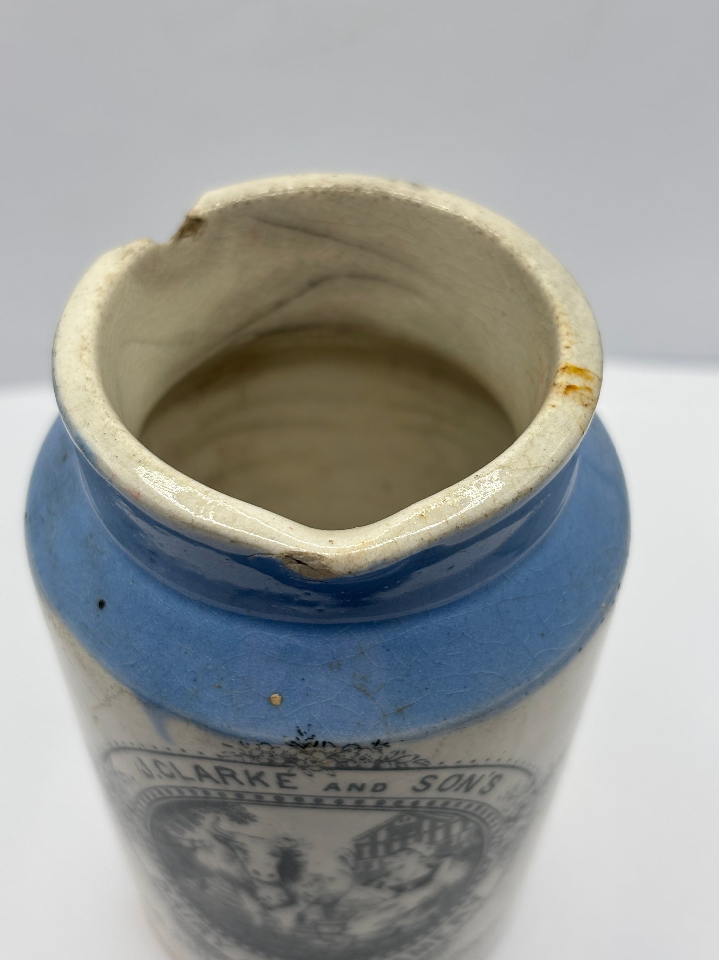 Old stoneware advertising cream pot, J.Clarke & Sons Dairy & Creamery. Restoration project?