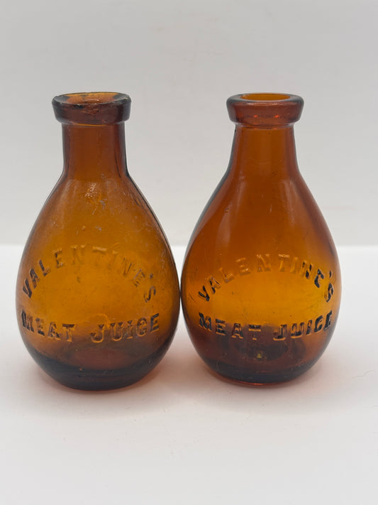 2 Old amber glass bottles, Valentines meat juices