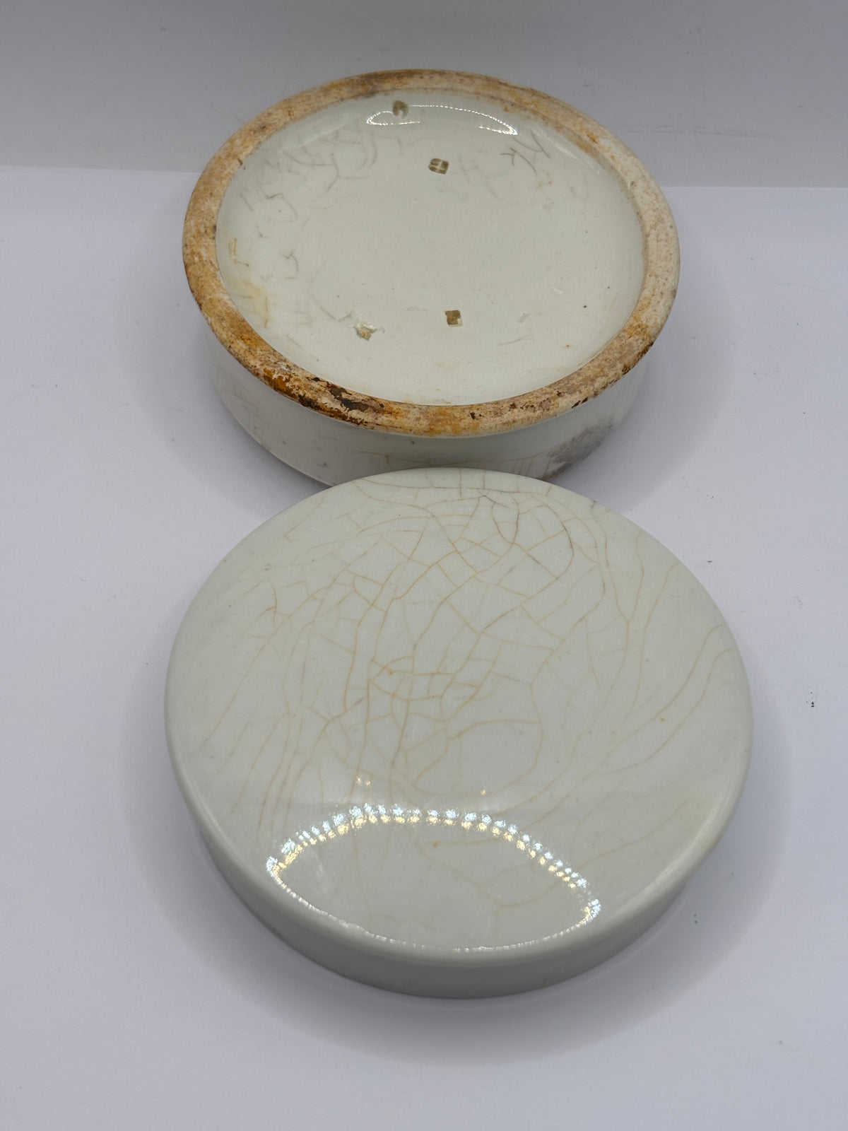 Old plain stoneware lidded pot, pot lid and base