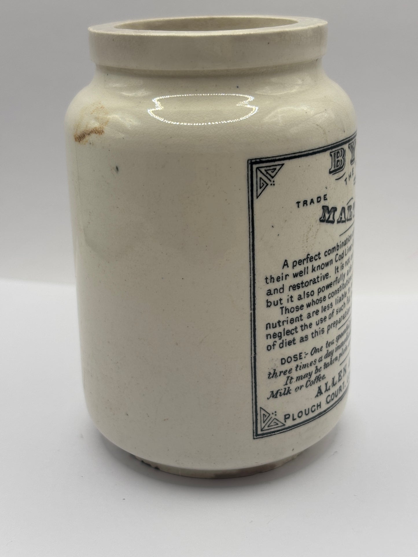 Old advertising jar, Bynol the perfected malt & oil