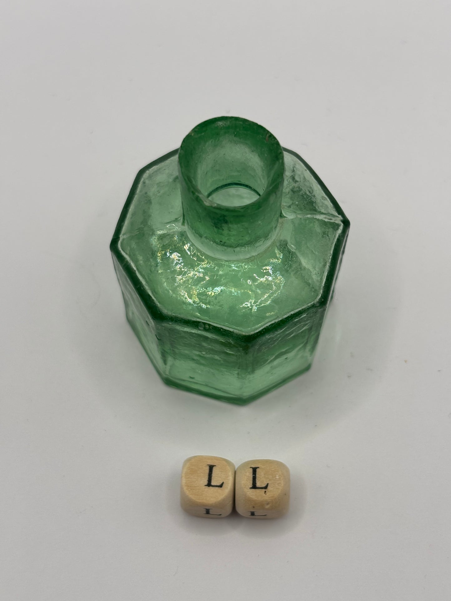 Old green glass ink, inkwell. (LL)