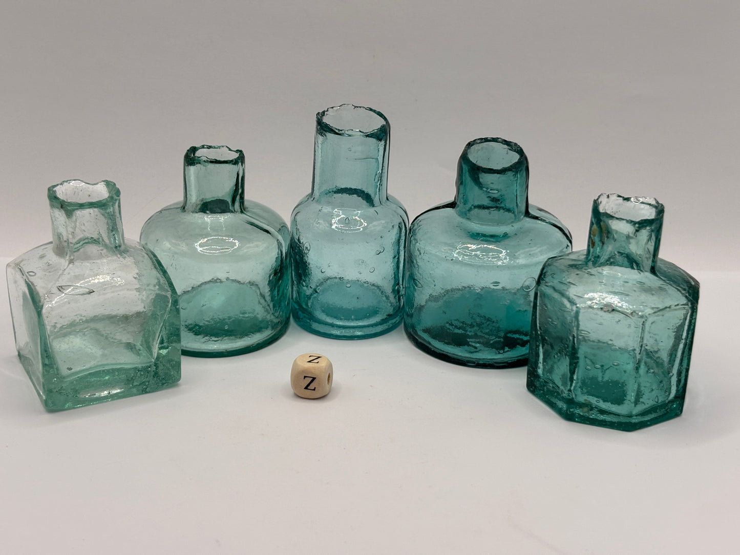5 old aqua glass inks, inkwells, ink bottles (z)