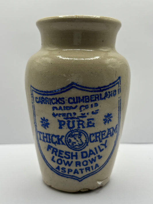 Carricks advertising cream pot, pure thick cream. Blue print