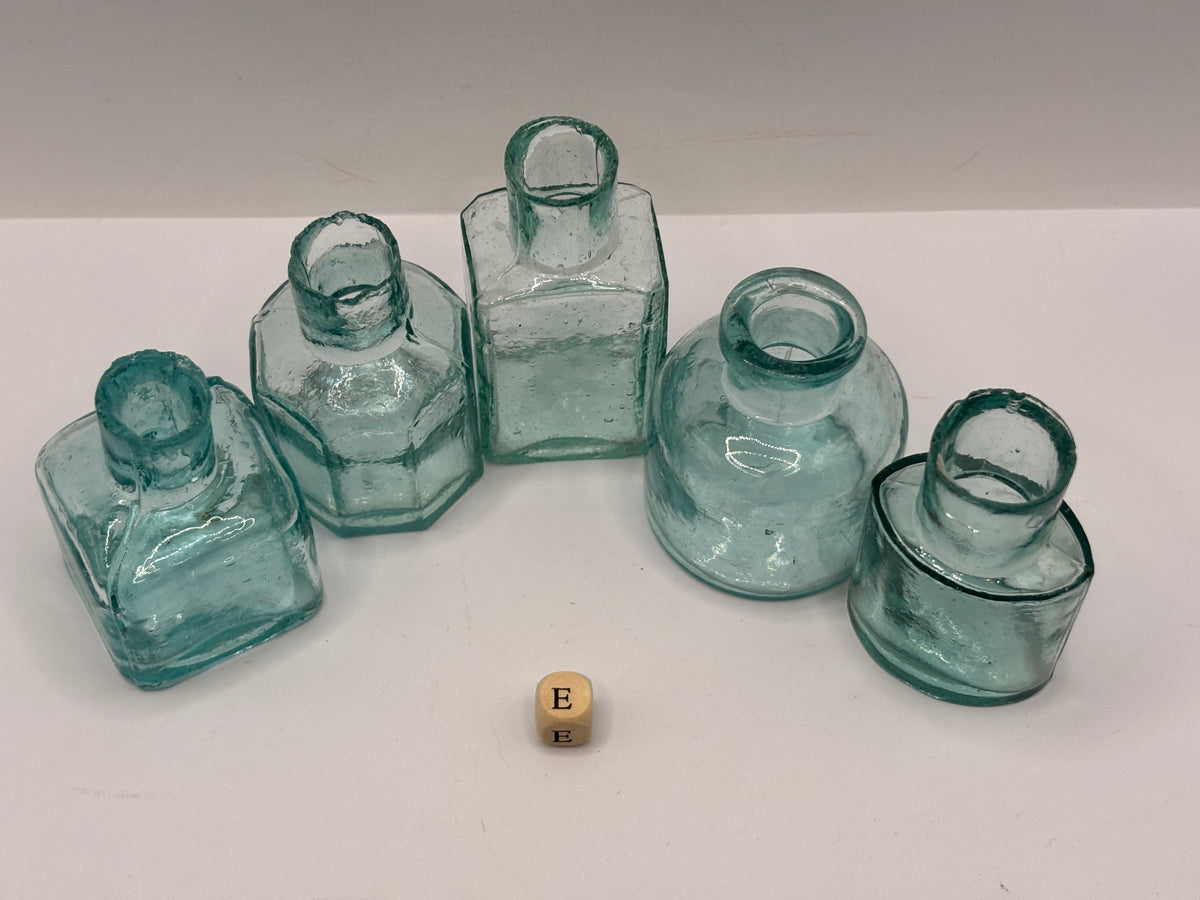 5 old aqua glass inks, inkwells, ink bottles, penny ink (E)