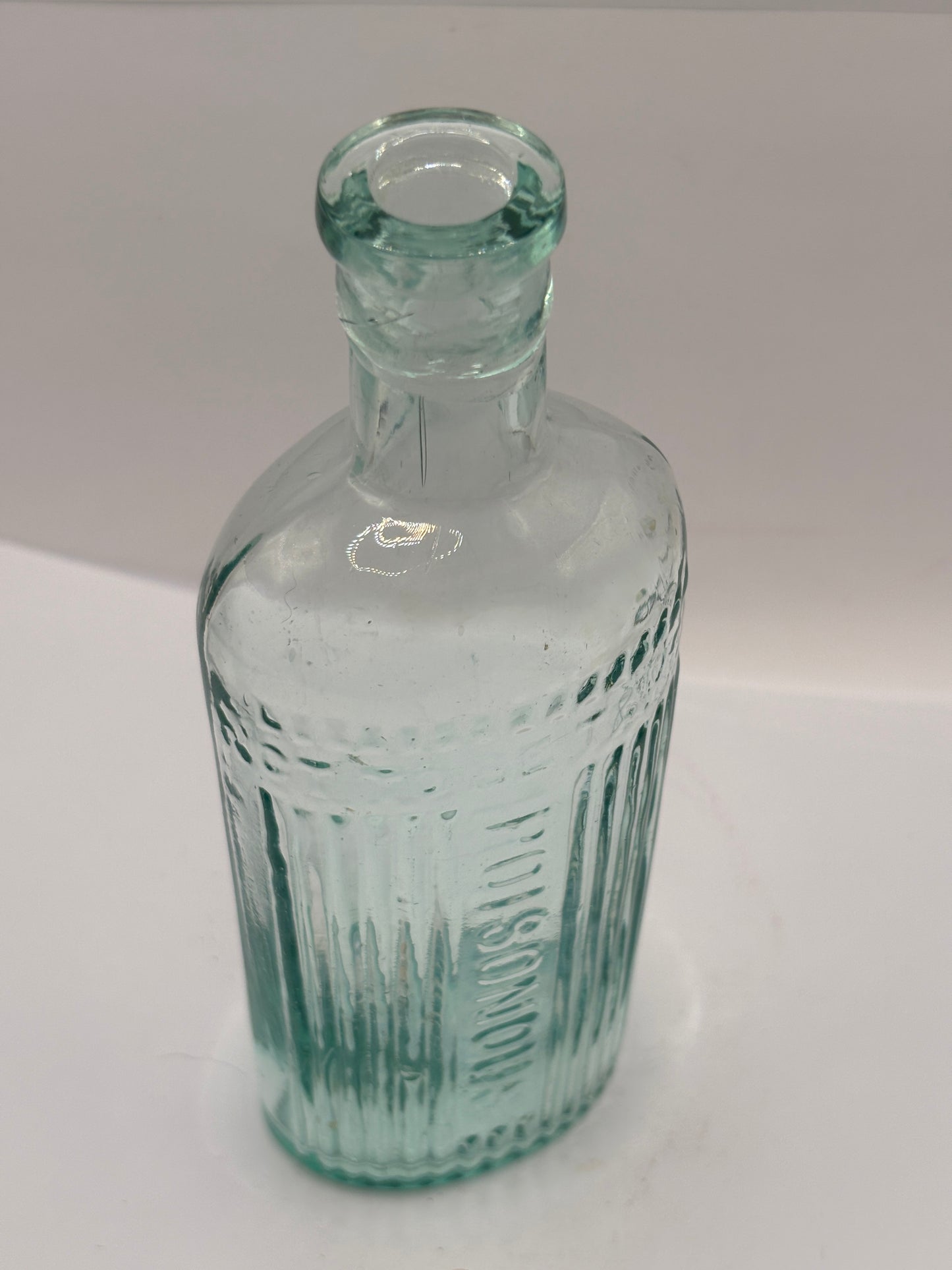 old aqua glass poison bottle, POISONOUS not to be taken (A)