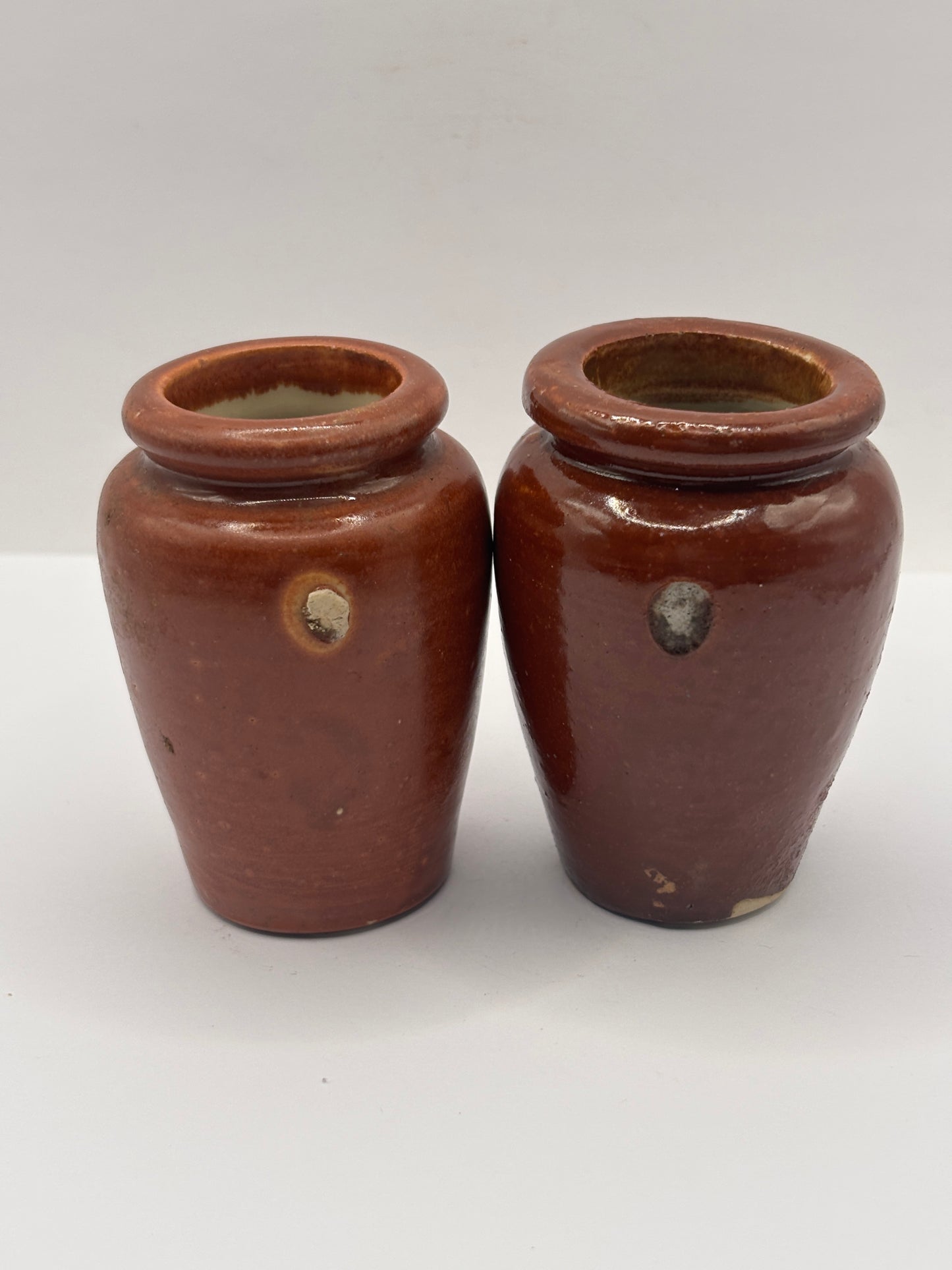 2 old small brown stoneware cream pots