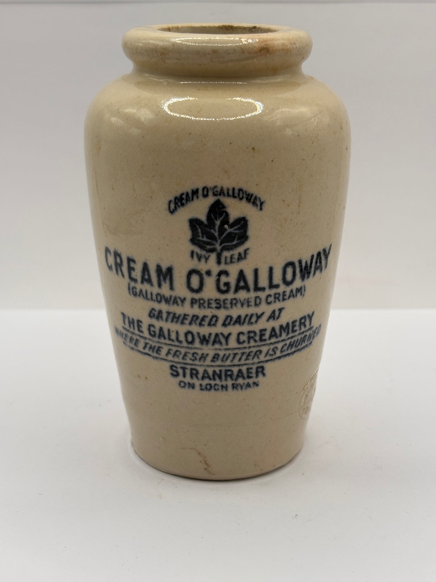 Old stoneware advertising cream pot, cream o’galloway Stranraer.