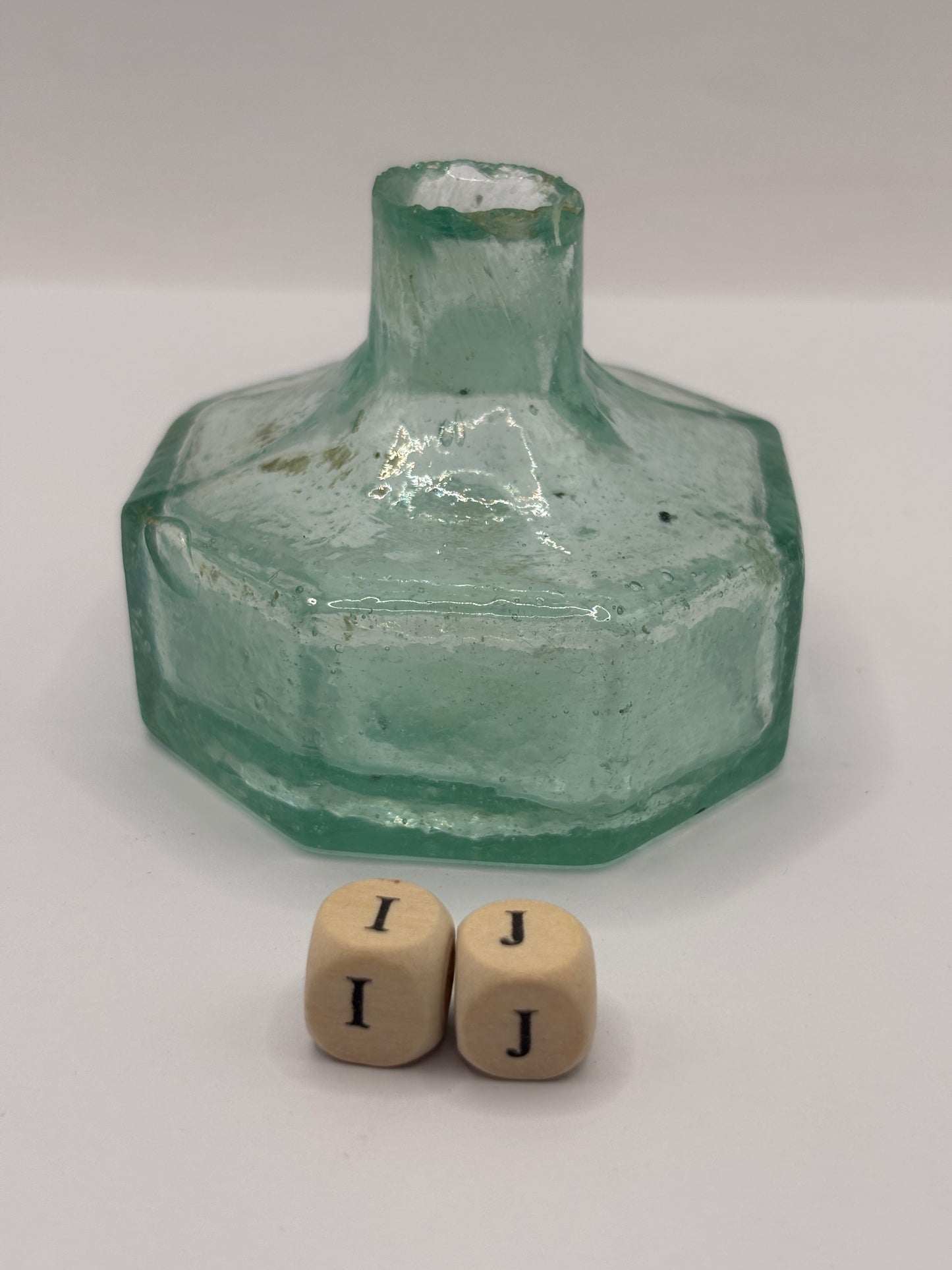 Old aqua glass tent ink, ink bottle. Inkwell (iJ)