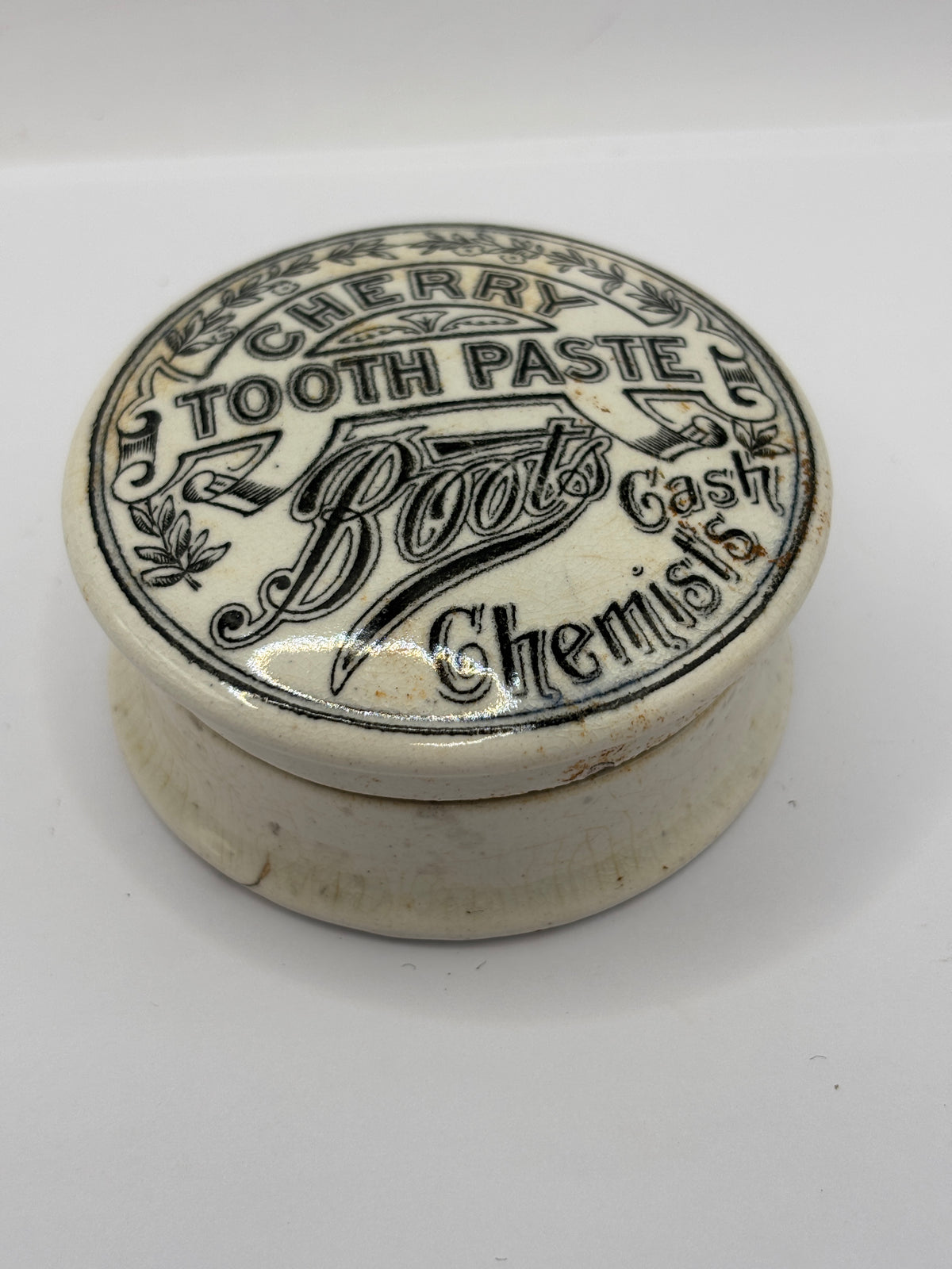 Old advertising lid and base. Boots cash chemists Cherry tooth paste 🍒