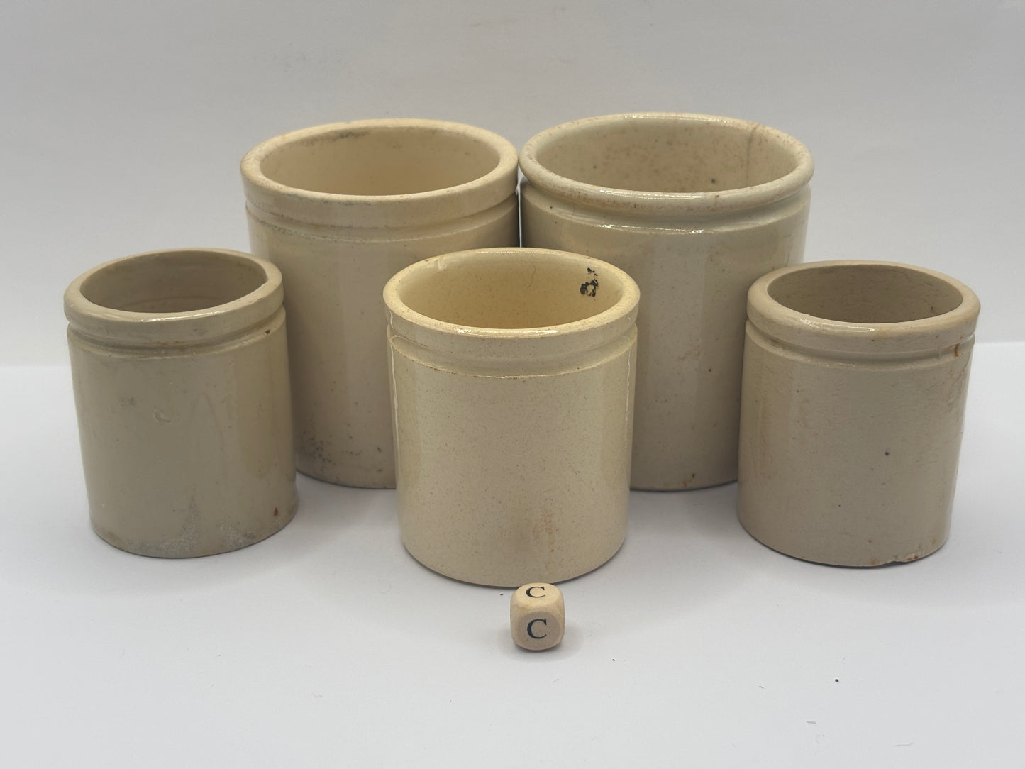 5 old white stoneware jars & pots (c)