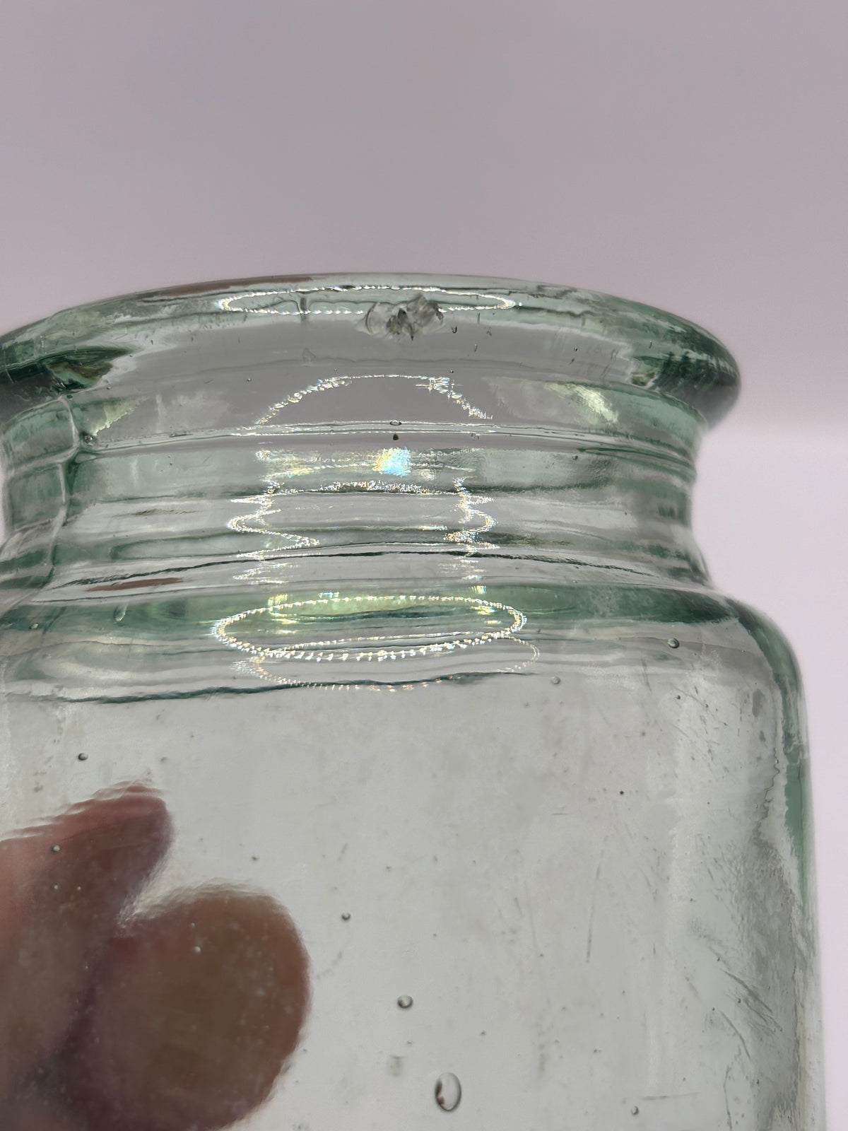 Old advertising aqua glass jar, Timothy Whites cash chemists