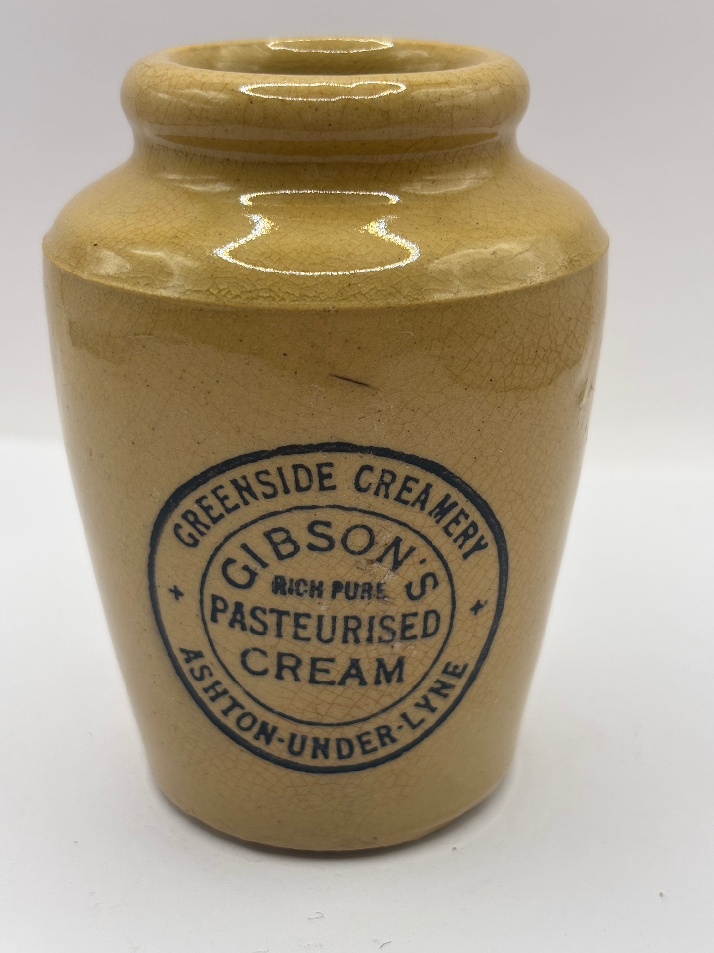 Old stoneware advertising cream pot, Greenside creamery. Gibsons rich pure pasteurised cream