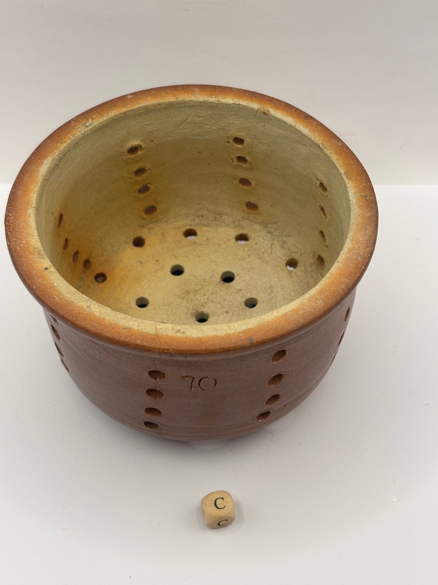 Old small french stoneware cheese strainer, cheese mold (C)