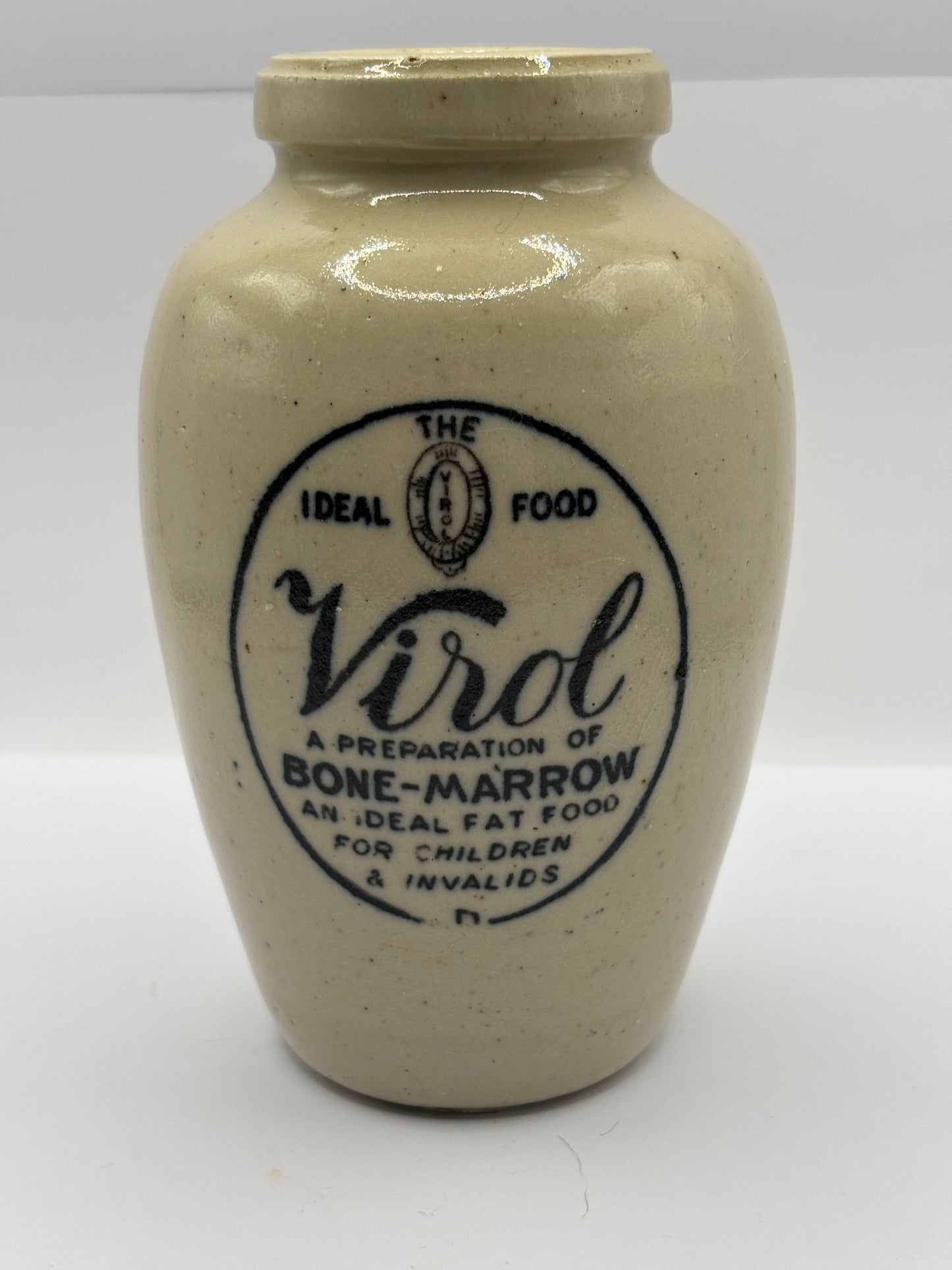 Old stoneware advertising Virol jar 13.5cms