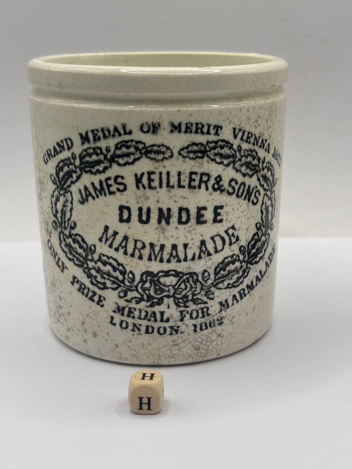 Old 1lb stoneware marmalade pot, James Keiller Dundee marmalade (H)
