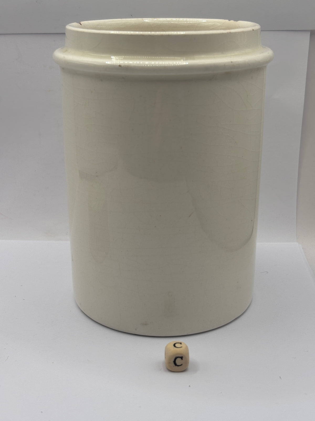 Old large plain white stoneware apothecary jar (c) chippy & stained