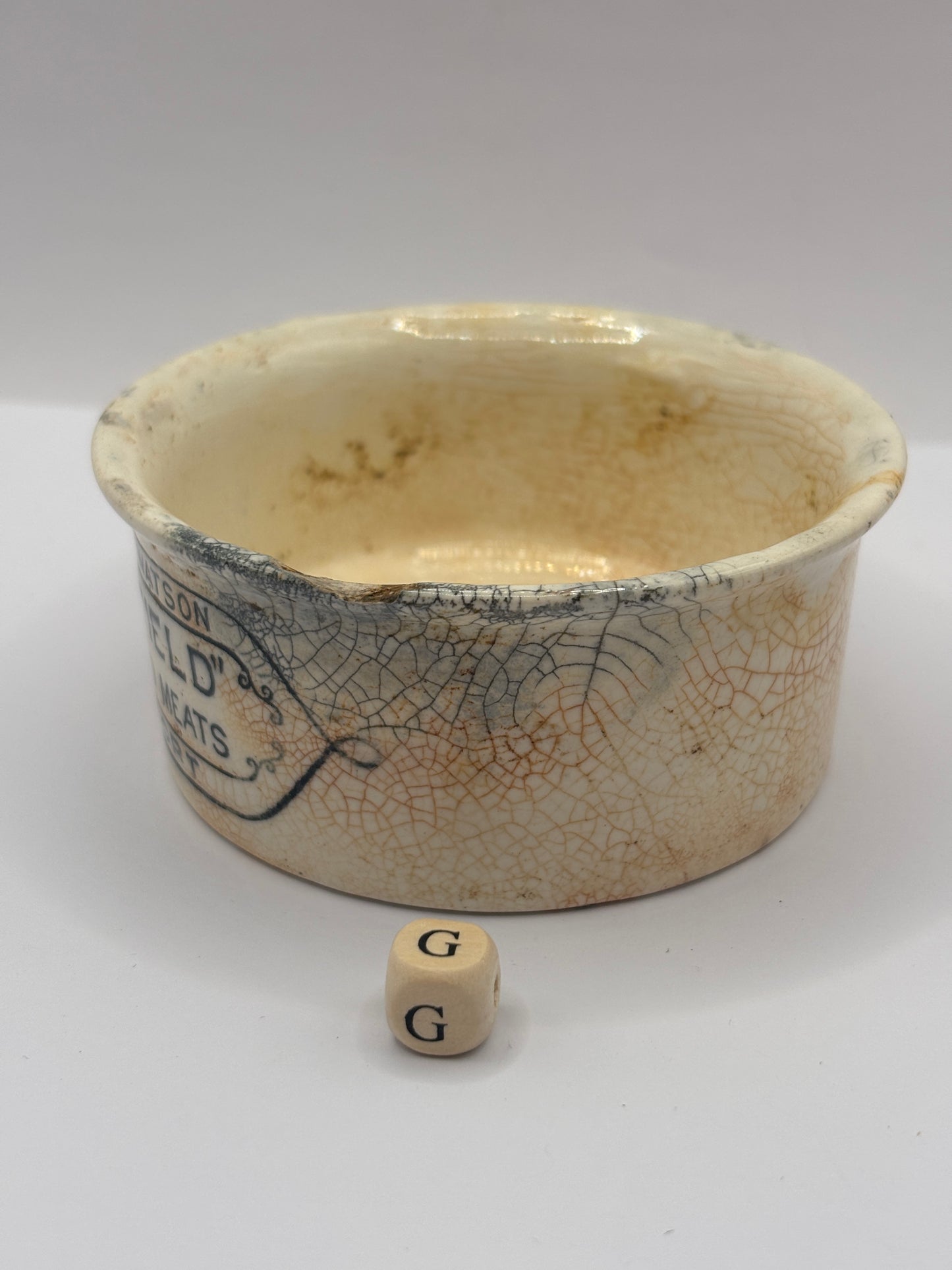 Old advertising meat paste pot, Springfield (G) damaged