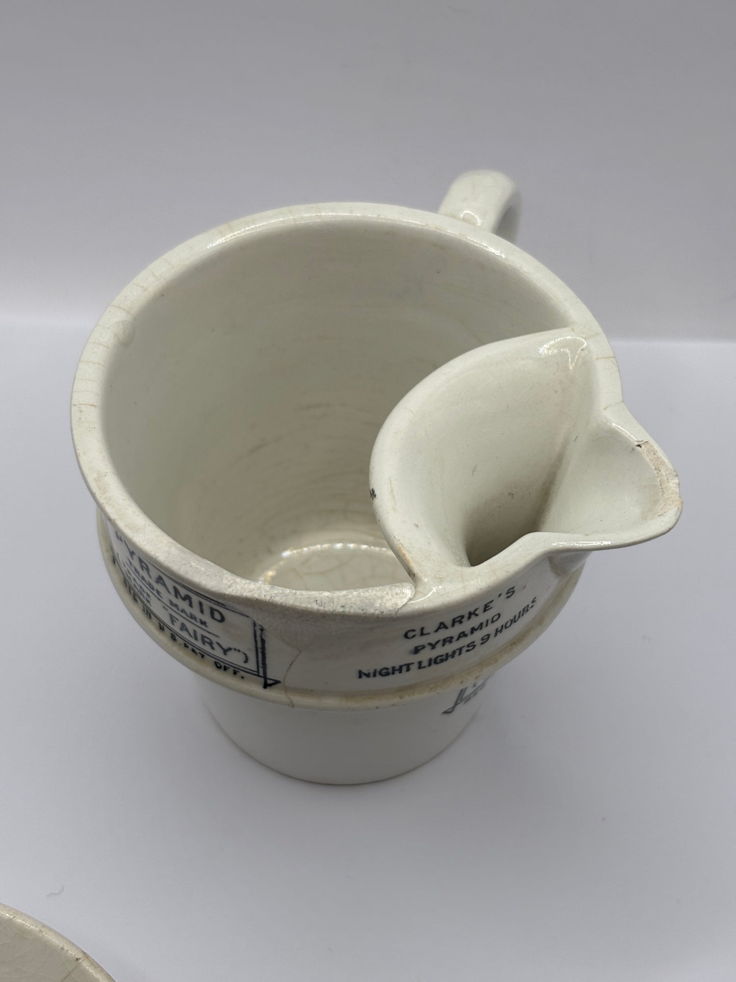 Old stoneware advertising food warmer. Clarkes Pyramid food warmer. Damaged/repaired