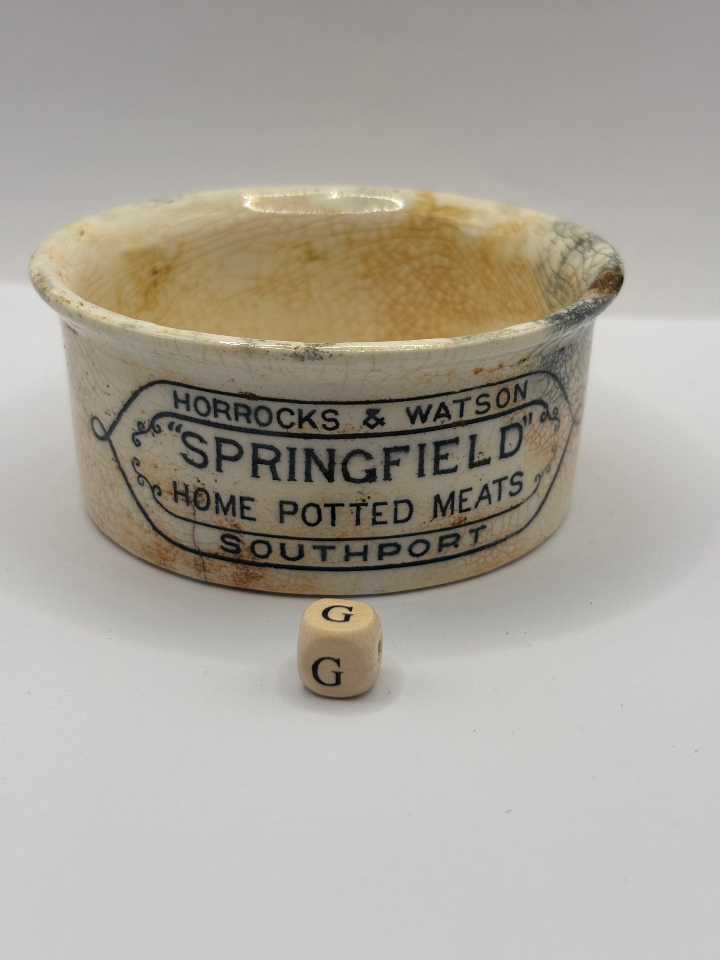Old advertising meat paste pot, Springfield (G) damaged