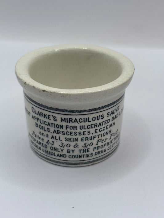 Old advertising ointment pot, clarkes miraculous salve ointment