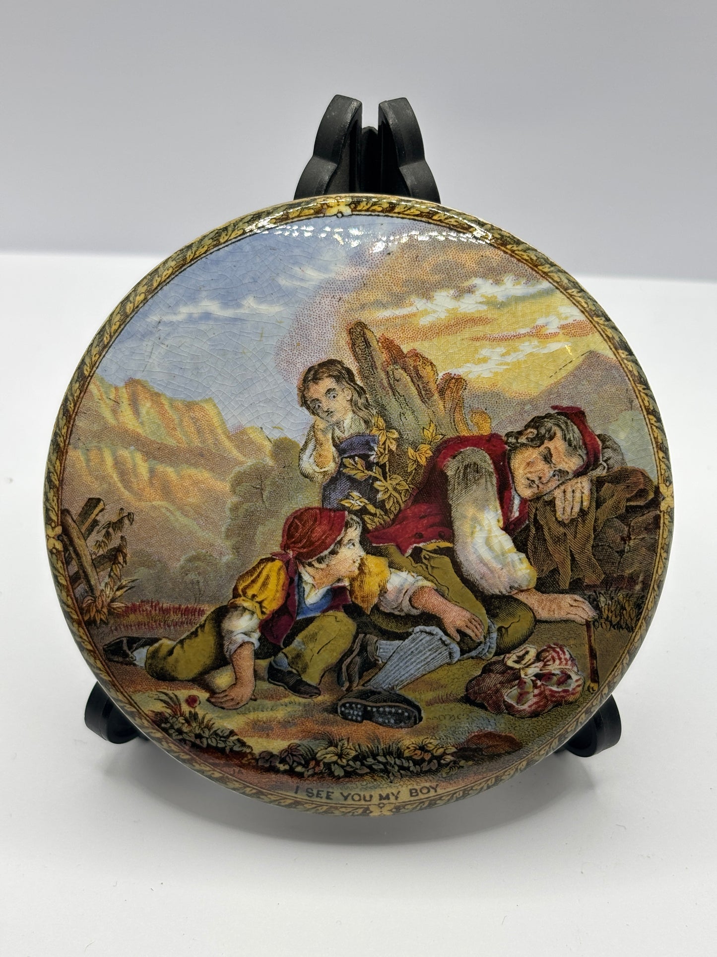 Old Prattware lid, victorian pot lid. I see you my boy.  Pratt lid