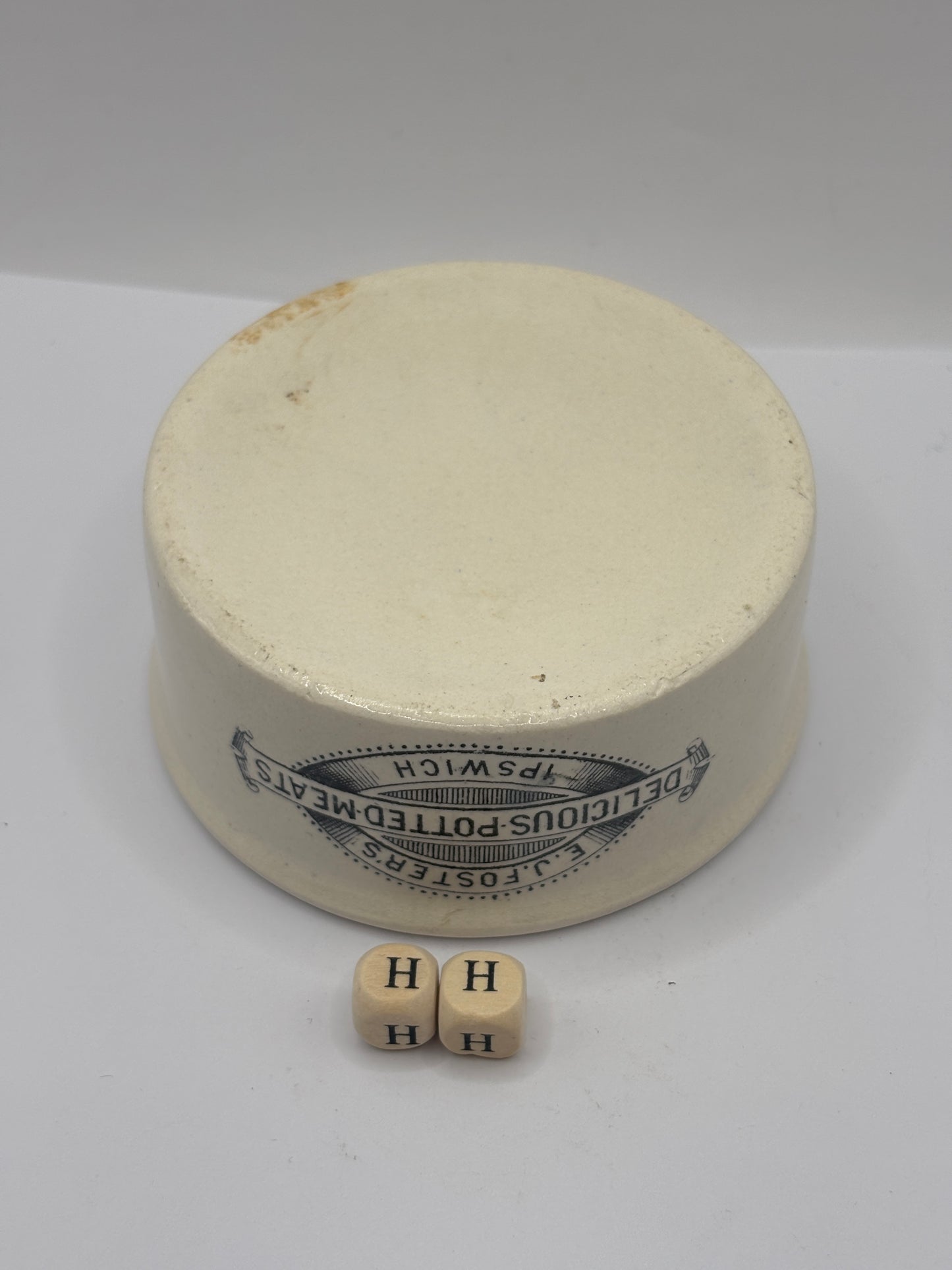 Old advertising meat paste pot, EJ Fosters delicious potted meats Ipswich