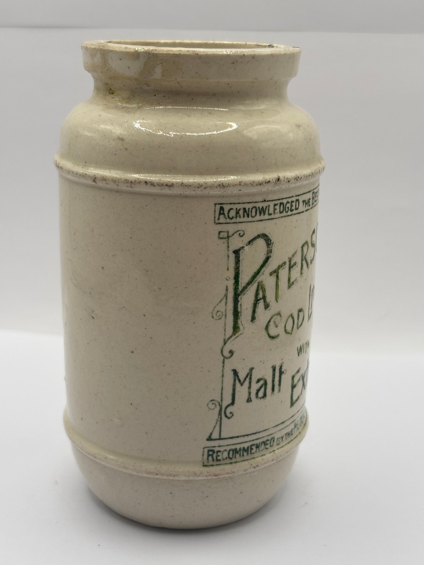 Old advertising jar, Paterson cod liver oil with malt extract jar. Repaired/damaged