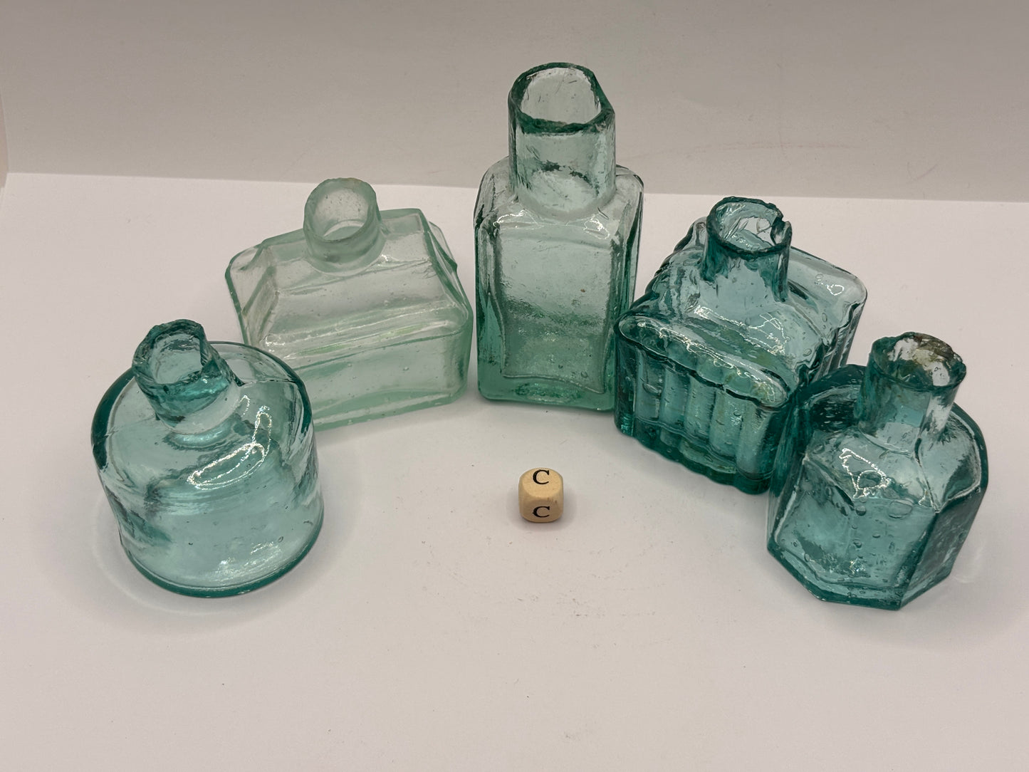 5 old aqua glass inks, inkwells, ink bottles, penny ink (c)