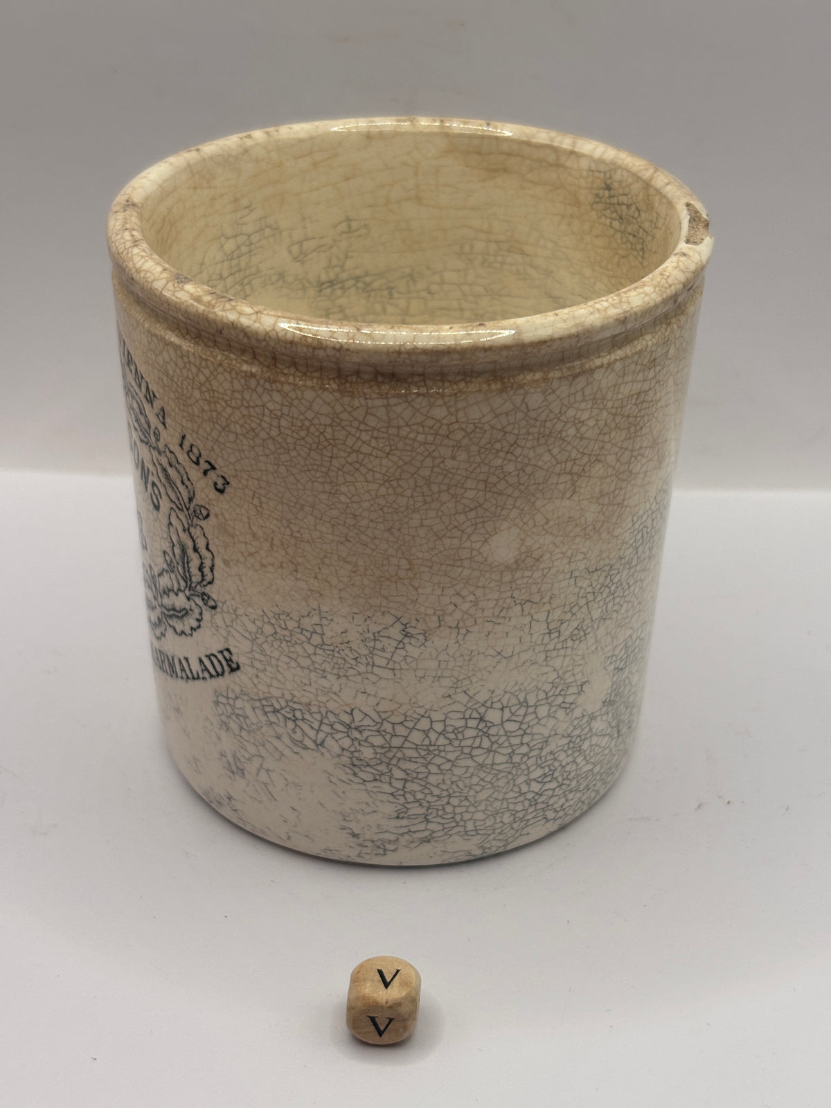 Old 1lb stoneware marmalade pot, James Keiller Dundee marmalade (V)