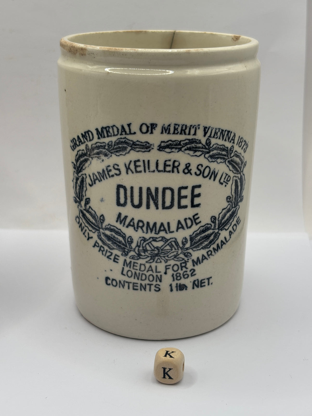 Old 1lb stoneware marmalade pot, James Keiller Dundee marmalade (k) hairline