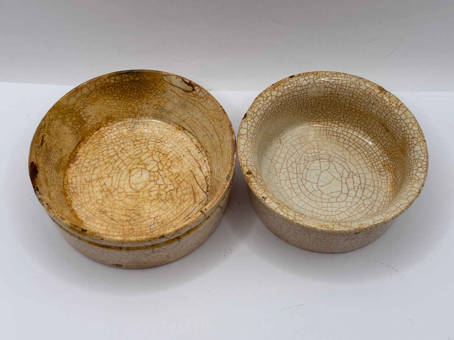 2 Old stoneware meat paste pots, potted meat. Chipped
