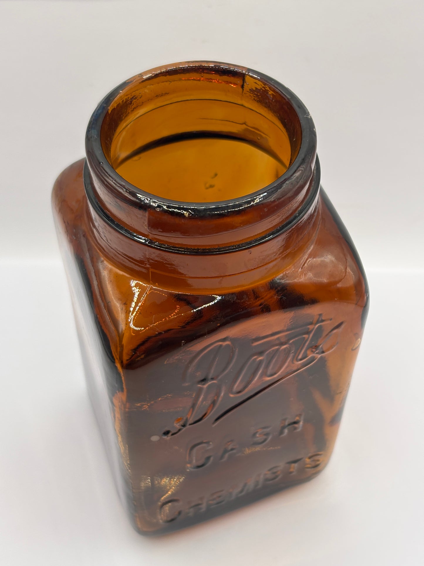 Old XL amber glass Boots cash chemists jar