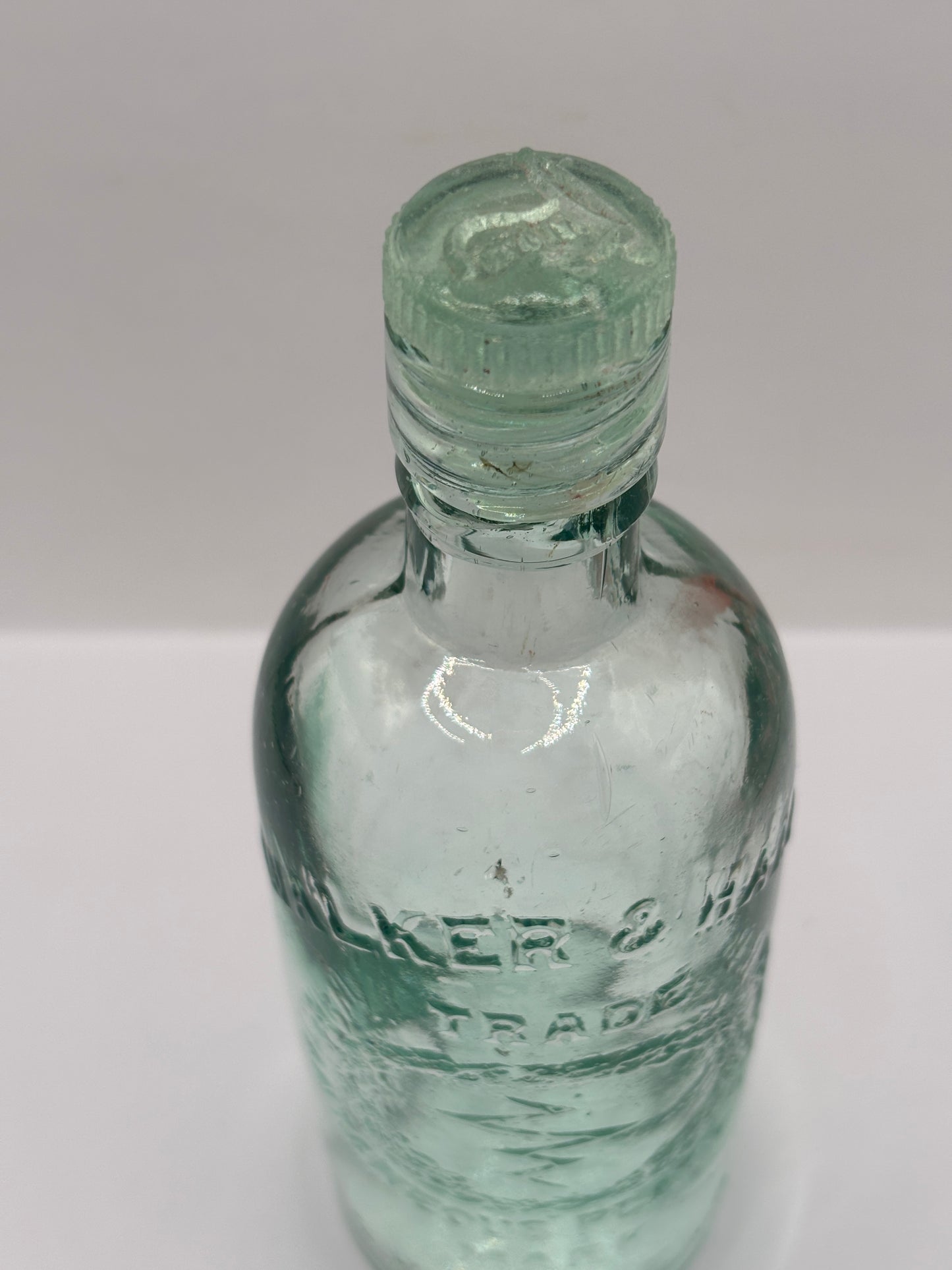 Old aqua glass advertising bottle, Instantaneous plate cleaner, Sheffield