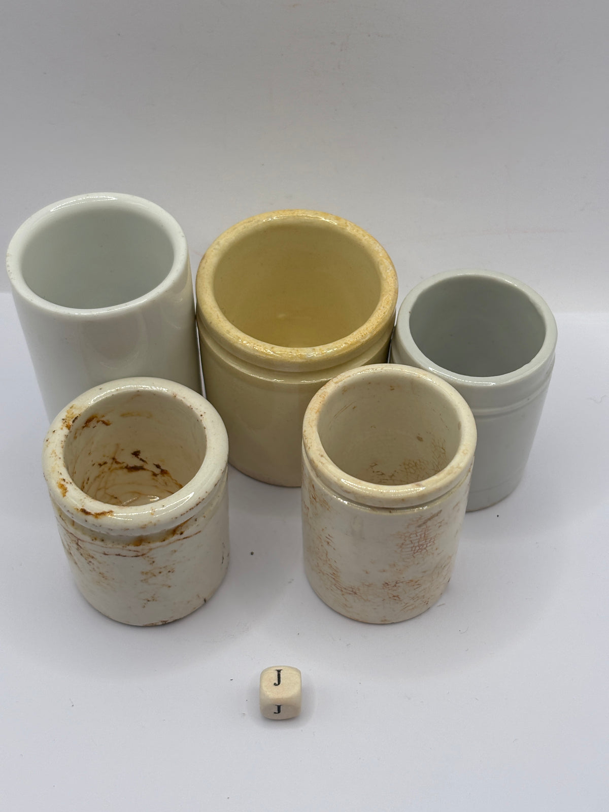 5 old small stoneware jars & pots (J)
