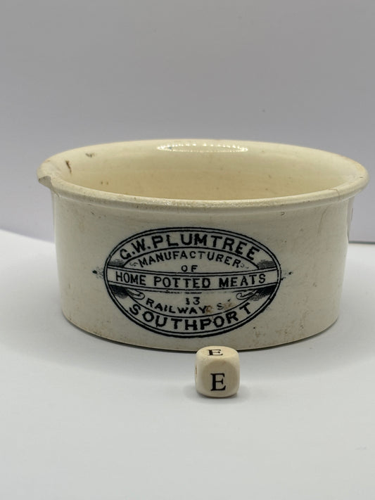 Plumtree home potted meats advertising pot. Damaged (e)