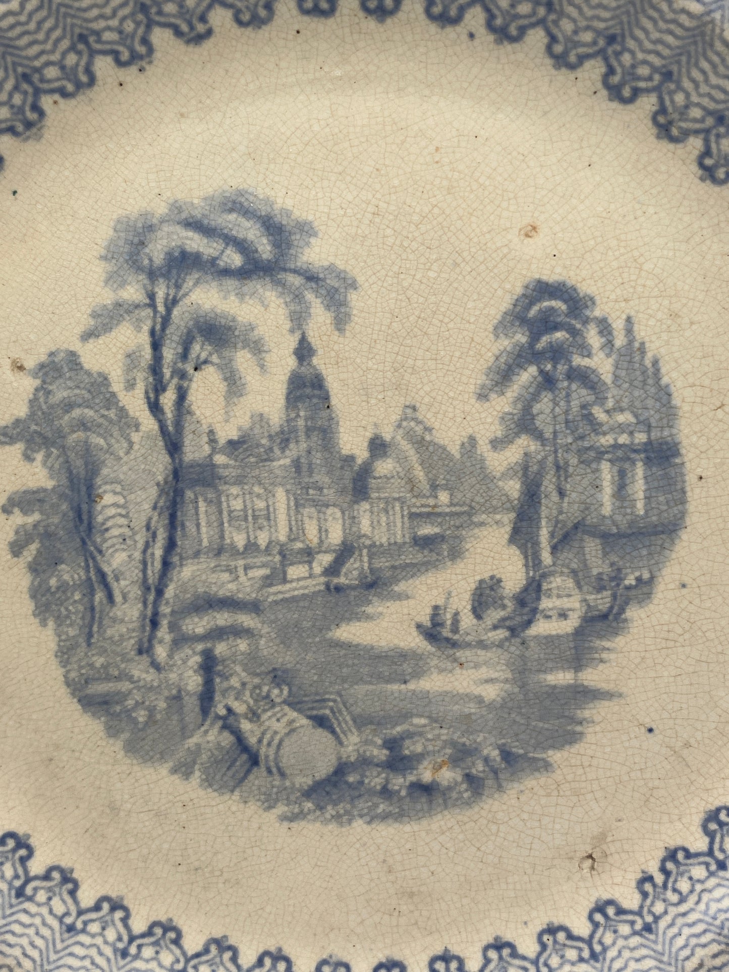 2 old blue and white plates, mid 1800s with diamond registration, stained & crazed