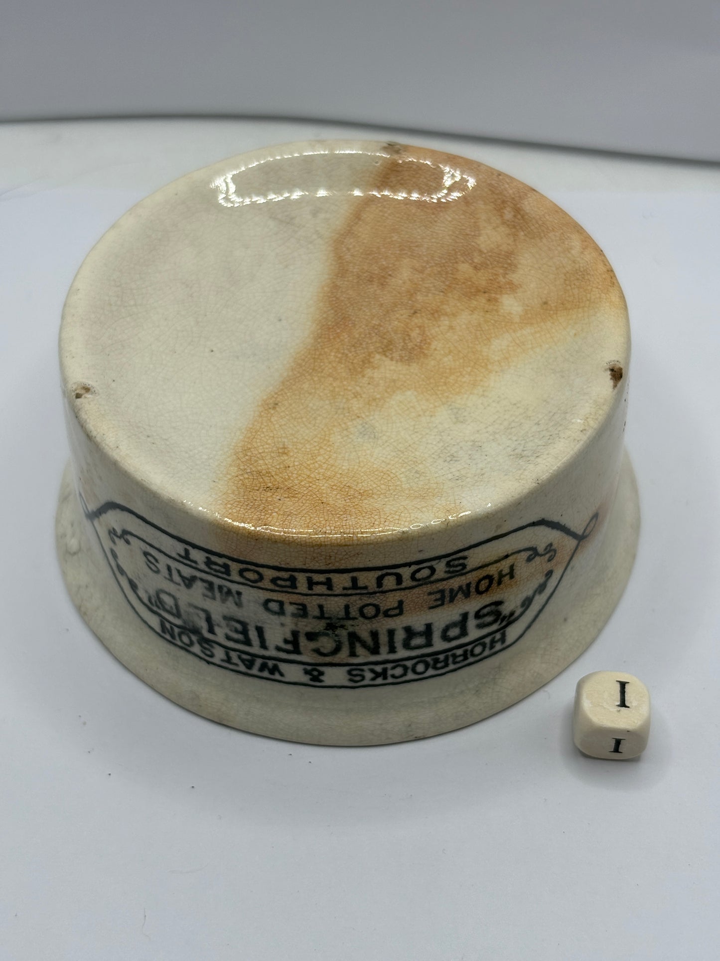 Springfield advertising meat paste pot (i) stained & crazed